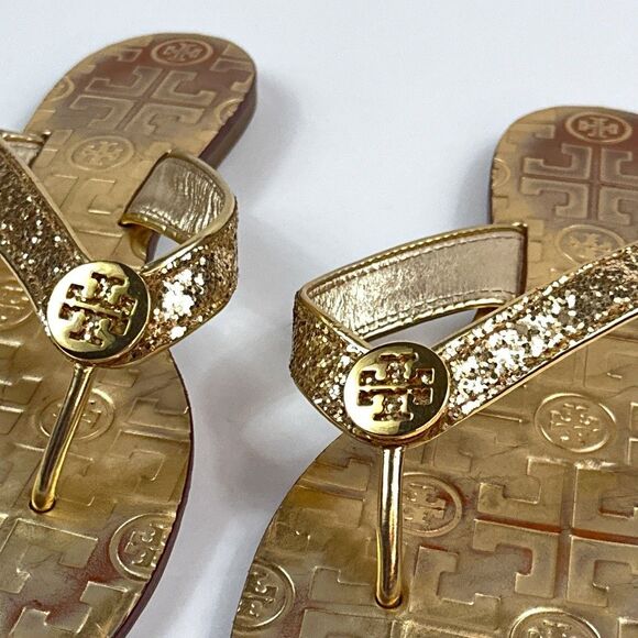 Tory Burch Thora Sandals Womens 6 Gold Glitter Thong Flip Flop Shoes Metallic - Picture 8 of 11